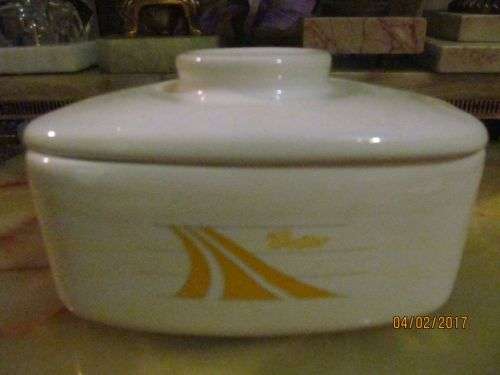 CERAMIC STREAK !! Vintage White Ceramic Butter Dish with Lid - Yellow Streak Pattern