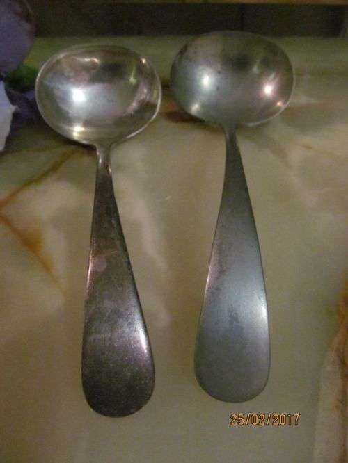 DOVETAIL TWINS !! Lot of Two Antique Silver Plated Soup Ladles with Dovetail Handles