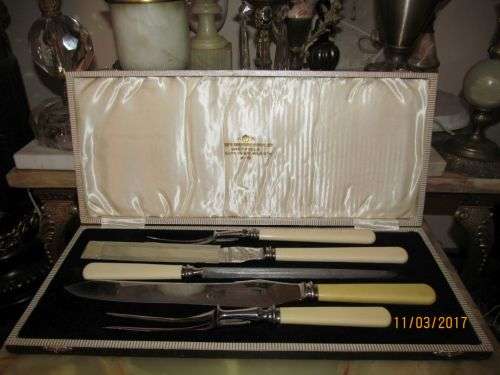JOSEPH RODGERS !! Antique Bone Handle Carving Set in Presentation Case - Complete