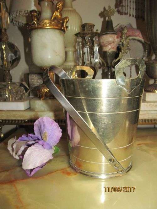 THE OLD AND THE NEW !! Vintage Silver Plated Ice Bucket with Modern Danish Ice Tongs