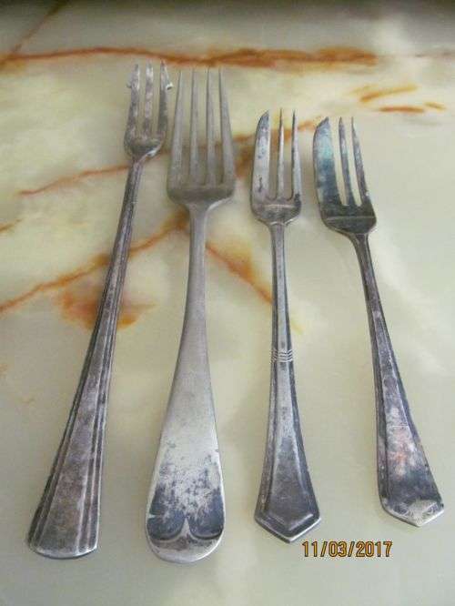 F-O-R-K !! Lot of Four Vintage Silver Plated Forks - 2 Cake, 1 Dinner + 1 Pickle