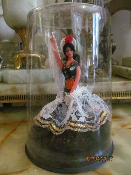 FLAMENCO !! Vintage Spanish Flamenco Dancer Doll - Plastic with Black + White Lace Dress