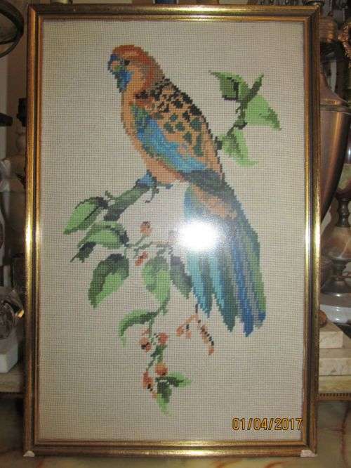 FEATHERED FRIEND !! Framed Vintage Embroidery - Parrot Perched on a Branch