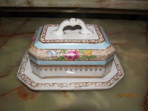 LOSOL WARE !! Antique Ormonde Losol Ware Burslem Fine Porcelain Butter Dish with Lid - 1900 to 1919