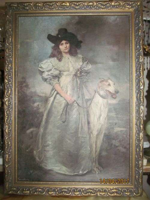 VICTORIAN PORTRAIT !! Vintage Framed Oil On Board Reproduction of Constance and Her Borzoi