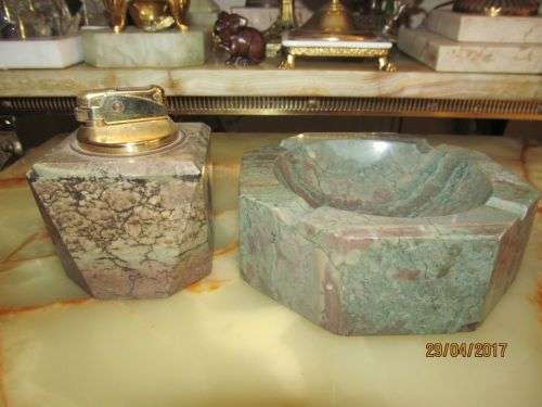 WEST GERMAN !! Vintage West German Green Marble Ashtray and Gas Table Lighter Set