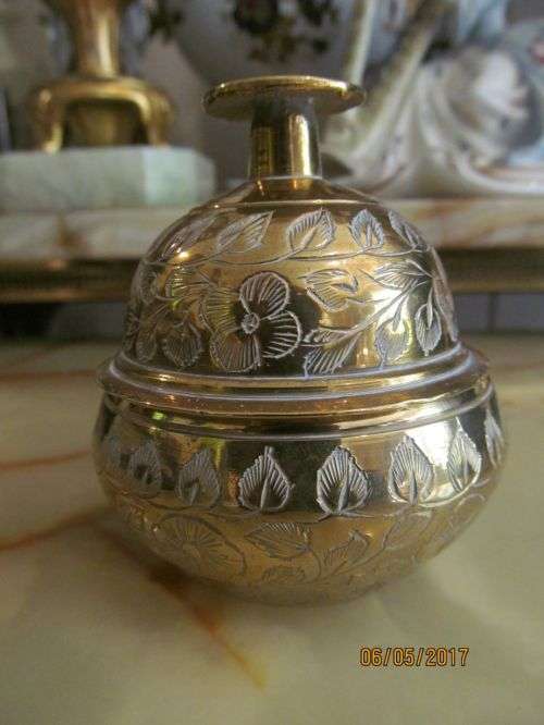 SAVED BY THE BELL !! Vintage Brass Elephant Claw Bell with Holder - Both Etched