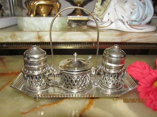 JET SET CRUET !! Vintage Silver Plated Cruet Set on Stand with Cobalt Blue Glass Liners