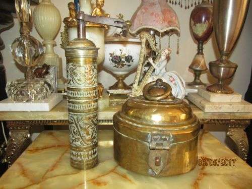 WOW ARRIVES !! Antique Turkish Ottoman Lot of Coffee / Spice Grinder and Storage Pot with Lock