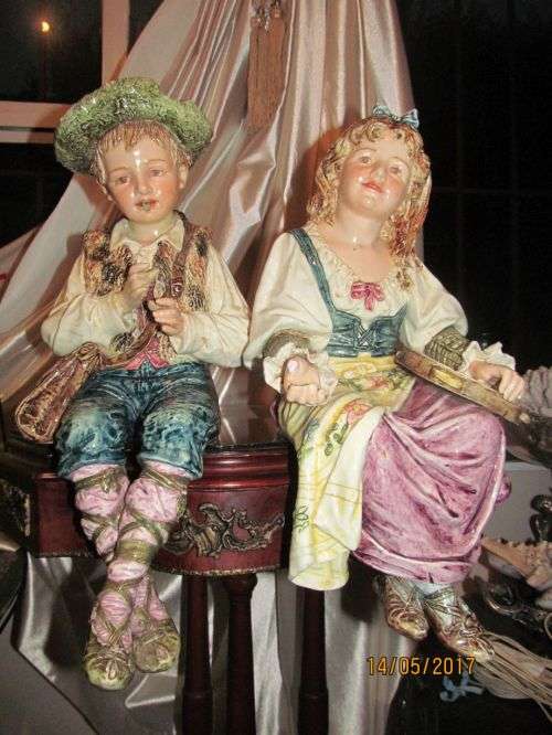 ANGOULEME GUERHARD !! Antique Pair of Large French Porcelain Statuettes - Boy + Girl