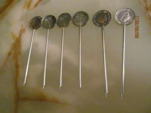 JULIANA PINS !! Set of Six Vintage (1966-1972) Silver Plated Dutch Hairpins -Each with Dutch 1c Coin