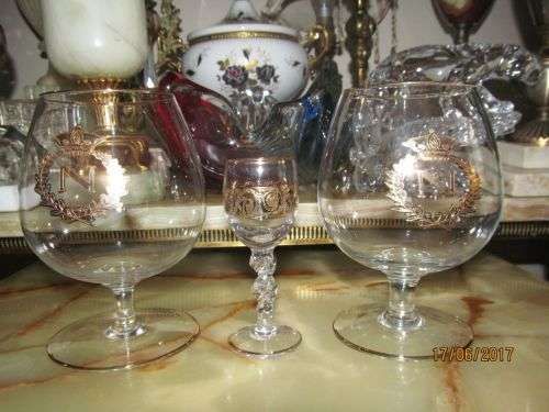 NAPOLEONIC !! Lot of Two Crystal Napoleon Cognac Snifters and One Crystal Liqueur Glass