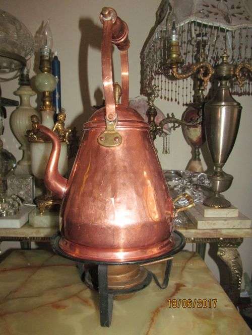 PRAIRIE LIVING !! Large Vintage Double Hand Copper&Brass Kettle/Coffee Pot with Stand & Swiss Burner