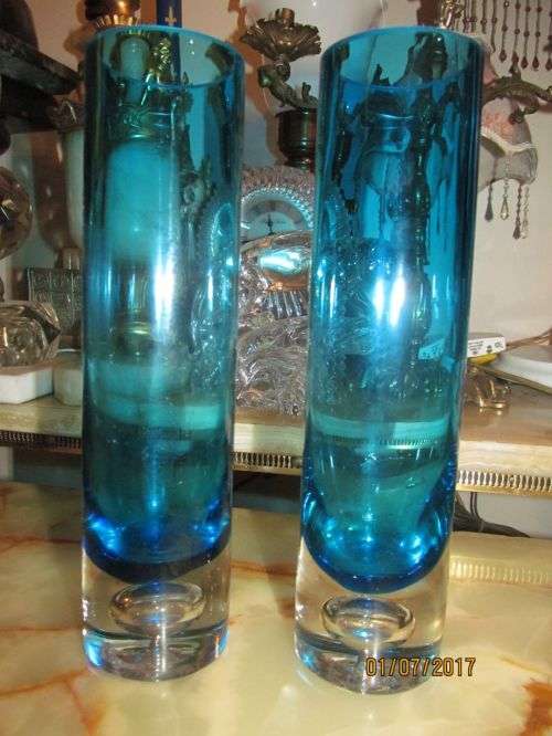 DEEP AQUA !! Pair of Tall Aqua Blue / Cobalt Glass Vases Each With Thick Base and Bubble