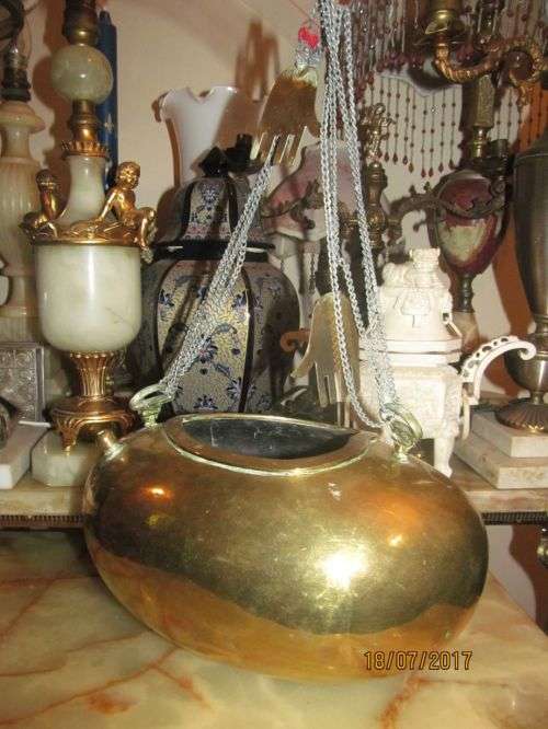 THE RIDDLE !! Large 19th C Ottoman/ Moorish Brass Hanging Vessel with Protection Symbols