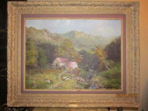 VERA VOLSCHENK !! Vintage Large Framed Oil on Board - Landscape Art - Hand Carved Frame