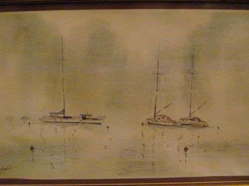 BAY OF YACHTS !! Framed Watercolor - Seascape Art - Popular SA Artist J.Manefeldt
