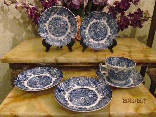 WOOD & SONS !! Vintage Lot of Enoch Wood's English Scenery Porcelain Items - 1 Duo & 4 Saucers