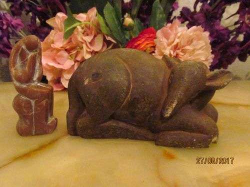 CAST IN STONE !! Lot of Two Vintage Carved Stone Figures/Statues - Soapstone Deer & Seated Figure