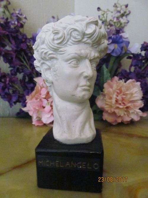 MICHELANGELO !! Vintage Sculpted White Bonded Marble Bust of David - Signed
