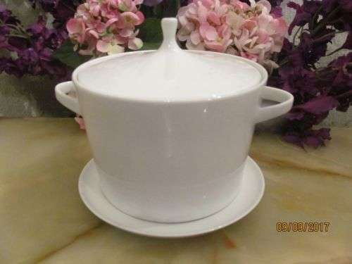 UNDER THE LID !! Three Piece Fine Porcelain Huguenot Tureen - Lid, Tureen & Under Plate