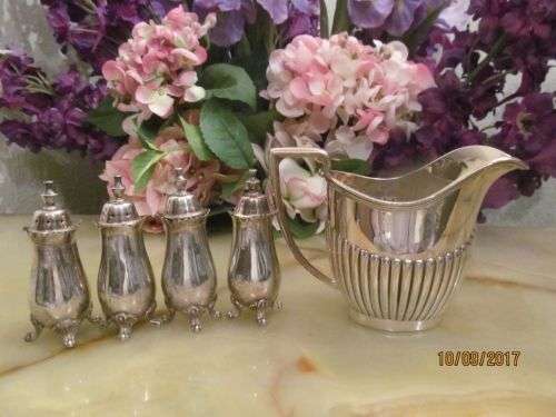 EDWARDIAN GLORY !! Lot of 5 Antique Edwardian Silver Plated Items - Creamer & Salt n Pepper Shakers