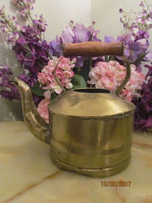 GOOD GOLLY POLLY !! Vintage Brass Kettle with Carved Wood Handle & Hammered Metal Spout
