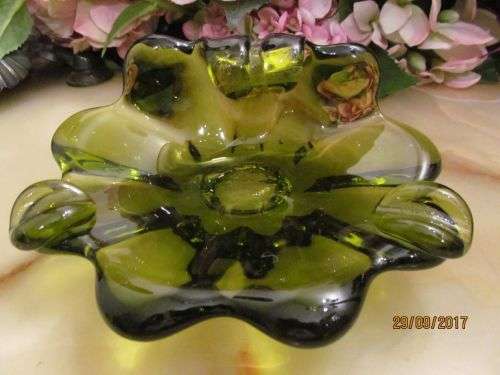 DARK FOREST !! Vintage Hand Blown Art Glass Murano Style Sweets / Bon Bon Dish - Dark Forest Green