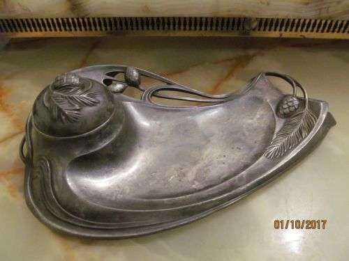 ANTIQUITY NOUVEAU !! Antique 19th C Art Nouveau Pewter Inkwell and Pen Tray