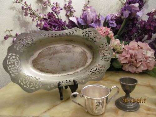 NOT TOO SHABBY !! Vintage Lot of Three Silver Plated Items - Baby Cup, Egg Cup & Display Dish