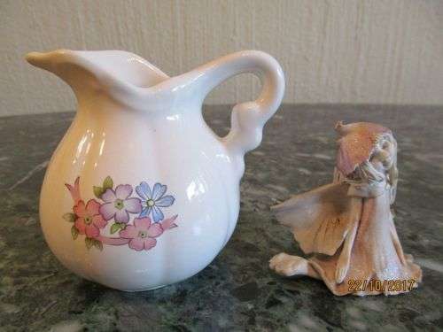 A SMALL WORLD !! Vintage Lot of Porcelain Creamer & Polymer Clay Fairie Figurine