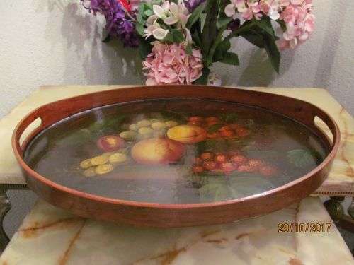 STILL LIFE !! Vintage Oval Wooden Serving Tray with Gallery Sides and Still Life Hand Painted Motif