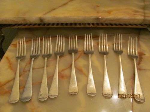 NICKEL SILVER 9 !! Set of Nine Vintage Nickel Silver Dinner Forks - All Dovetail Handle Pattern