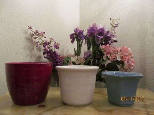 HOMES FOR GREENS !! Lot of Three Ceramic Planters - Deep Red, Sky Blue and Cream