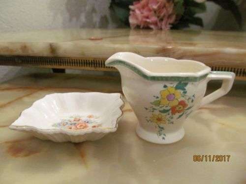 FLORAL MELODY !! Lot of Two Vintage Porcelain Items - Burleigh Creamer & Royal Art Dish