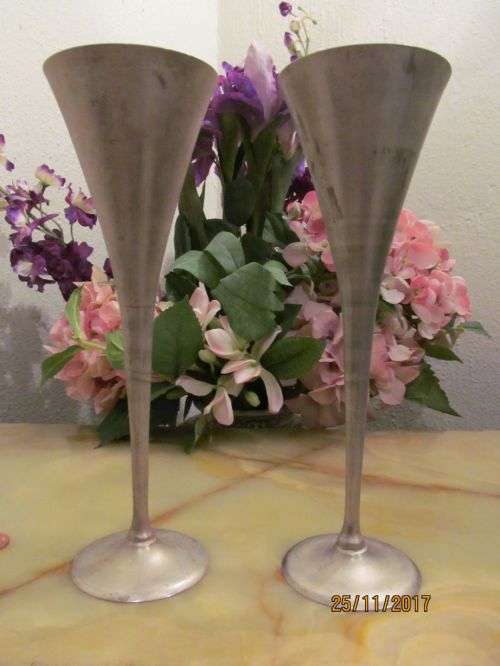ATTENUATED ALLURE !! Vintage Pair of Tall Slim Pewter Goblets / Champagne Flutes