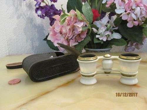 MADE IN USSR !! Vintage 60's Soviet Brass and Pearl Tone Opera Glasses with Leather Case