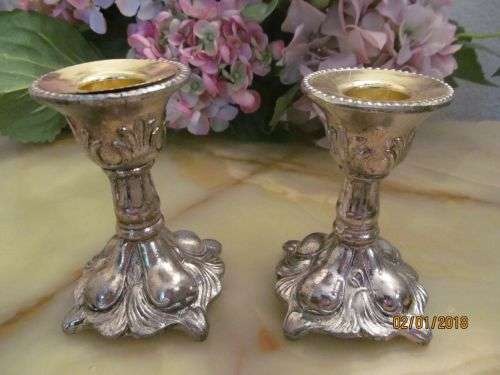 ROCOCO !! Vintage Pair of Rococo Style Cast Metal Silver Plated Candle Sticks
