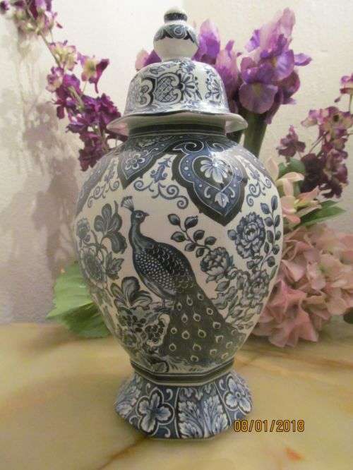 BOCH ROYAL SPHINX !! Large 1950s DELFTS Blue Ginger Jar with Peacock Design
