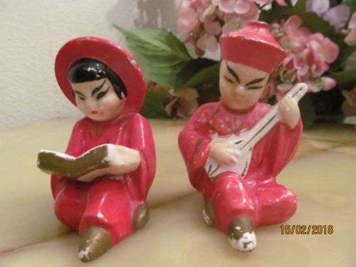 A SERENADE !! Vintage Chinese Porcelain Lot of 2 Collectable Figures -Reading Girl & Mandolin Player