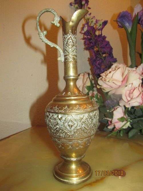 PERSIAN GARDEN !! Vintage Brass Middle Eastern Decorative Ewer / Pitcher - Ornately Decorated