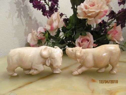 BONES BUFFALO !! Rare Vintage Lot of Two Hand Carved Buffalo Ivorine Figures/Statues