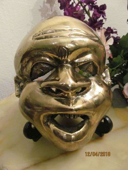 INDONESIAN !! Rare Vintage Carved Wood Balinese/Java Mask - Lacquered in Gold