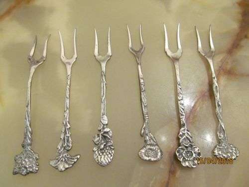 SILVER BOUQUET !! Antique (Late 1800's) Set of Six Dutch Silver 833 Hors d' oeuvre Forks