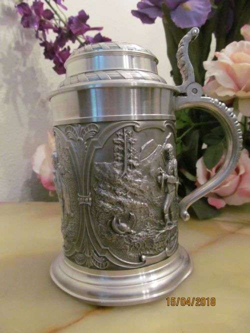 PEWTER GALLERY !! Vintage SKS Pewter Beer Tankard with Hinged Lid Made in Western Germany