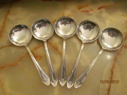 BROOCH EPNS 2 !! Vintage Set of 5 Silver Plated Dessert/Soup Spoons - Brooch Handle Pattern