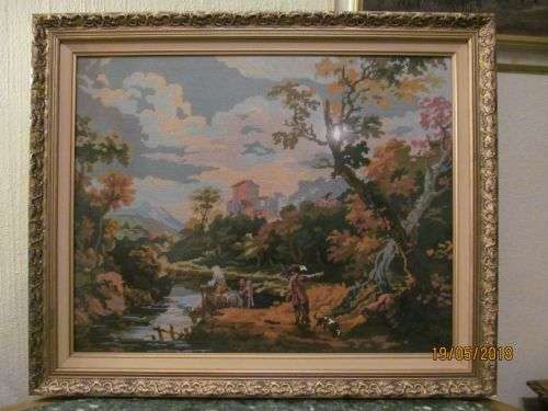 INCREDIBLE !! Large Embroidered River Landscape Tapestry in the Style of the Old Masters - Framed