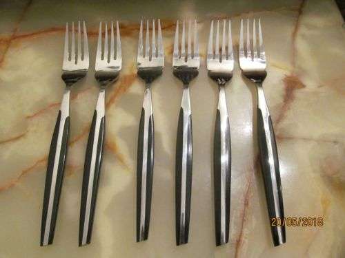 MODERNA !! Vintage 1960's Set of Six Eetrite Stainless & Bakelite Dinner Forks - Immaculate