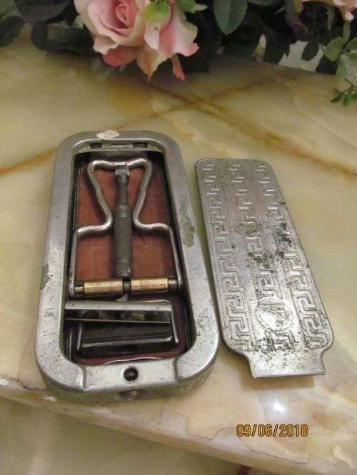 ROLLS !! Antique 1927 Rolls Razor and Strop Kit in Greek Key Decor Silver Plated Case
