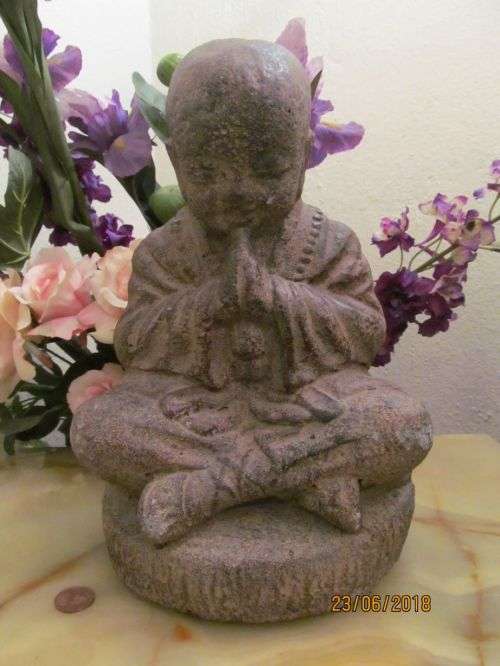EASTERN PRAYER !! Antique Cement Sculpture - Seated Young Praying Buddha